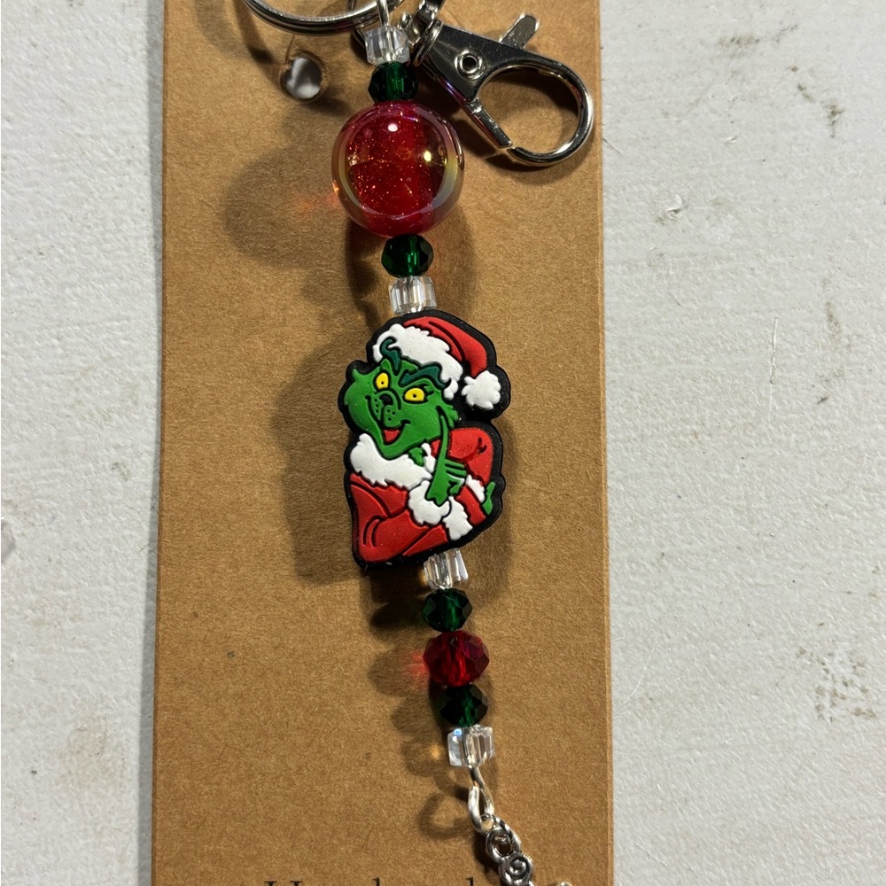 Grinch Santa Keychain with Red and Green Beads